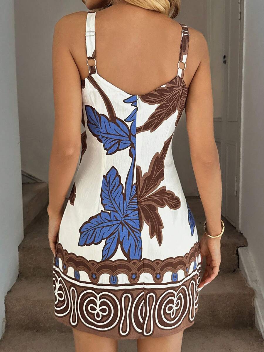 Vestido Mini de Alças com Estampa de Coqueiro e Costas Abertas - La Lecce