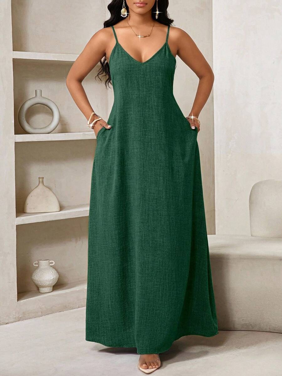 Vestido Maxi Boho de Alças com Costas Abertas e Bolsos