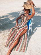 Saída de Praia Vestido Longo Listrado com Abertura Lateral