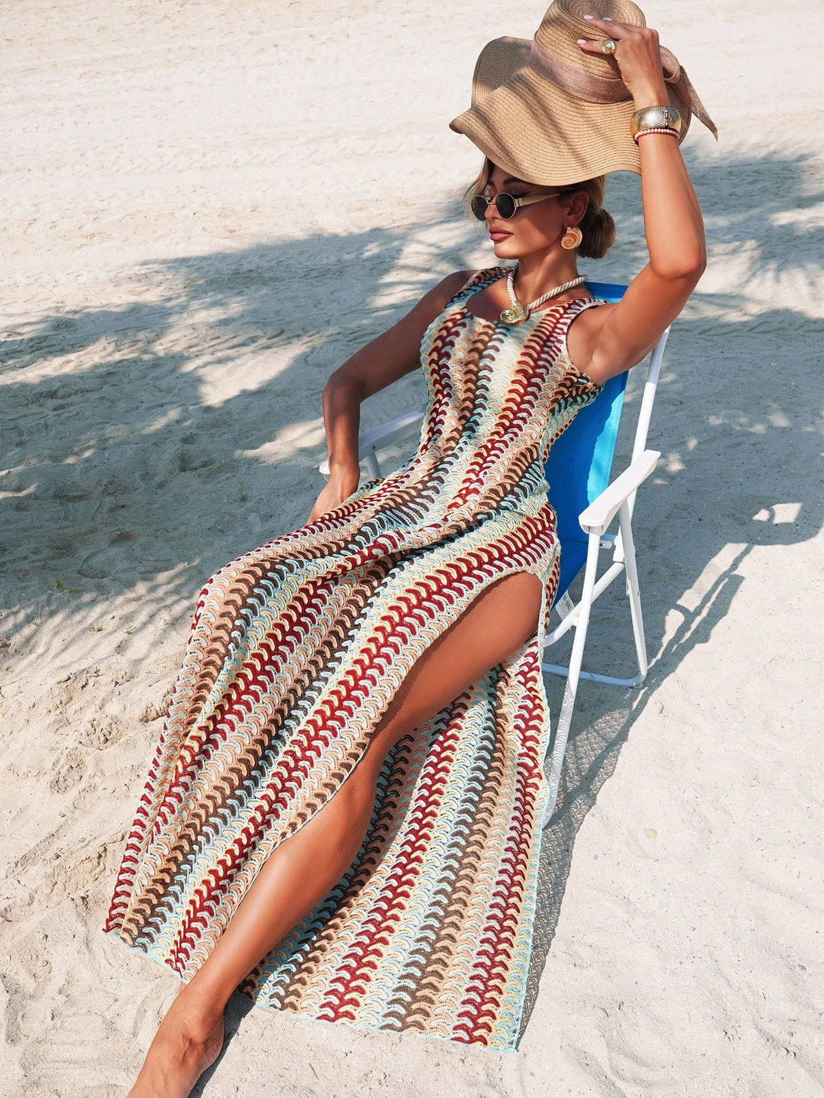 Saída de Praia Vestido Longo Listrado com Abertura Lateral