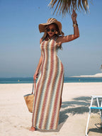 Saída de Praia Vestido Longo Listrado com Abertura Lateral