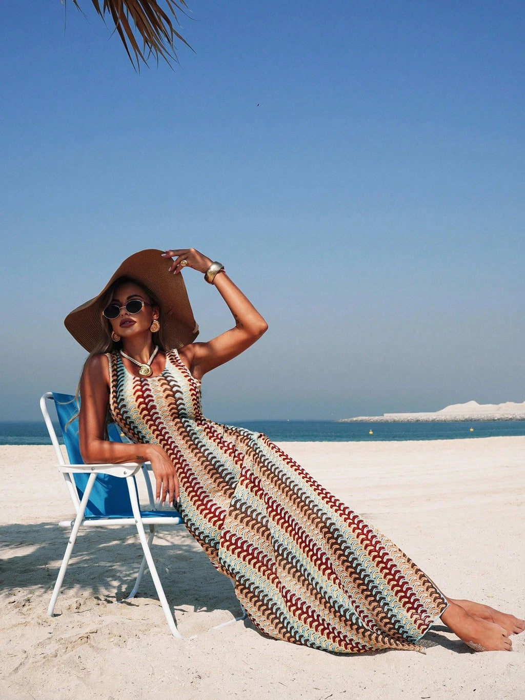 Saída de Praia Vestido Longo Listrado com Abertura Lateral