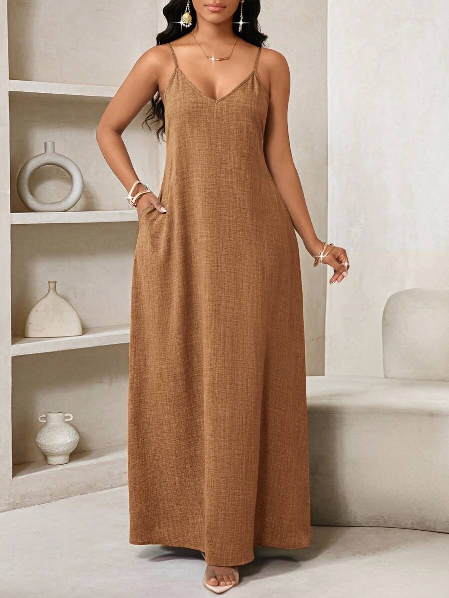 Vestido Maxi Boho de Alças com Costas Abertas e Bolsos