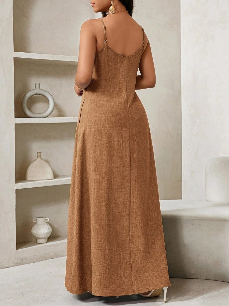 Vestido Maxi Boho de Alças com Costas Abertas e Bolsos