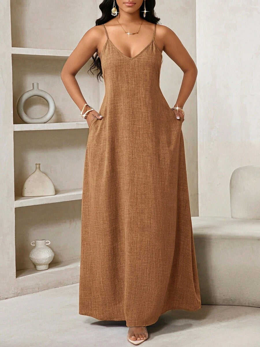 Vestido Maxi Boho de Alças com Costas Abertas e Bolsos