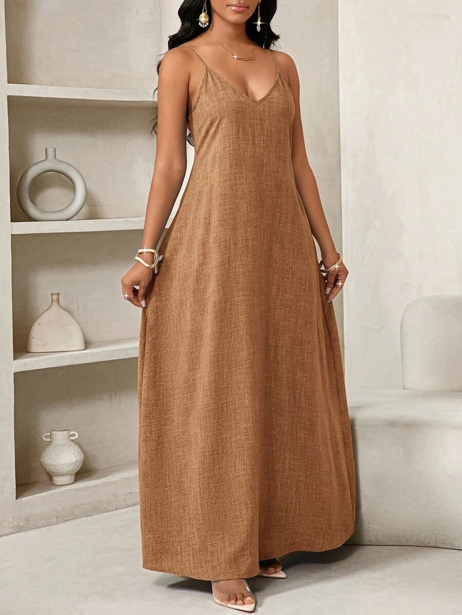 Vestido Maxi Boho de Alças com Costas Abertas e Bolsos