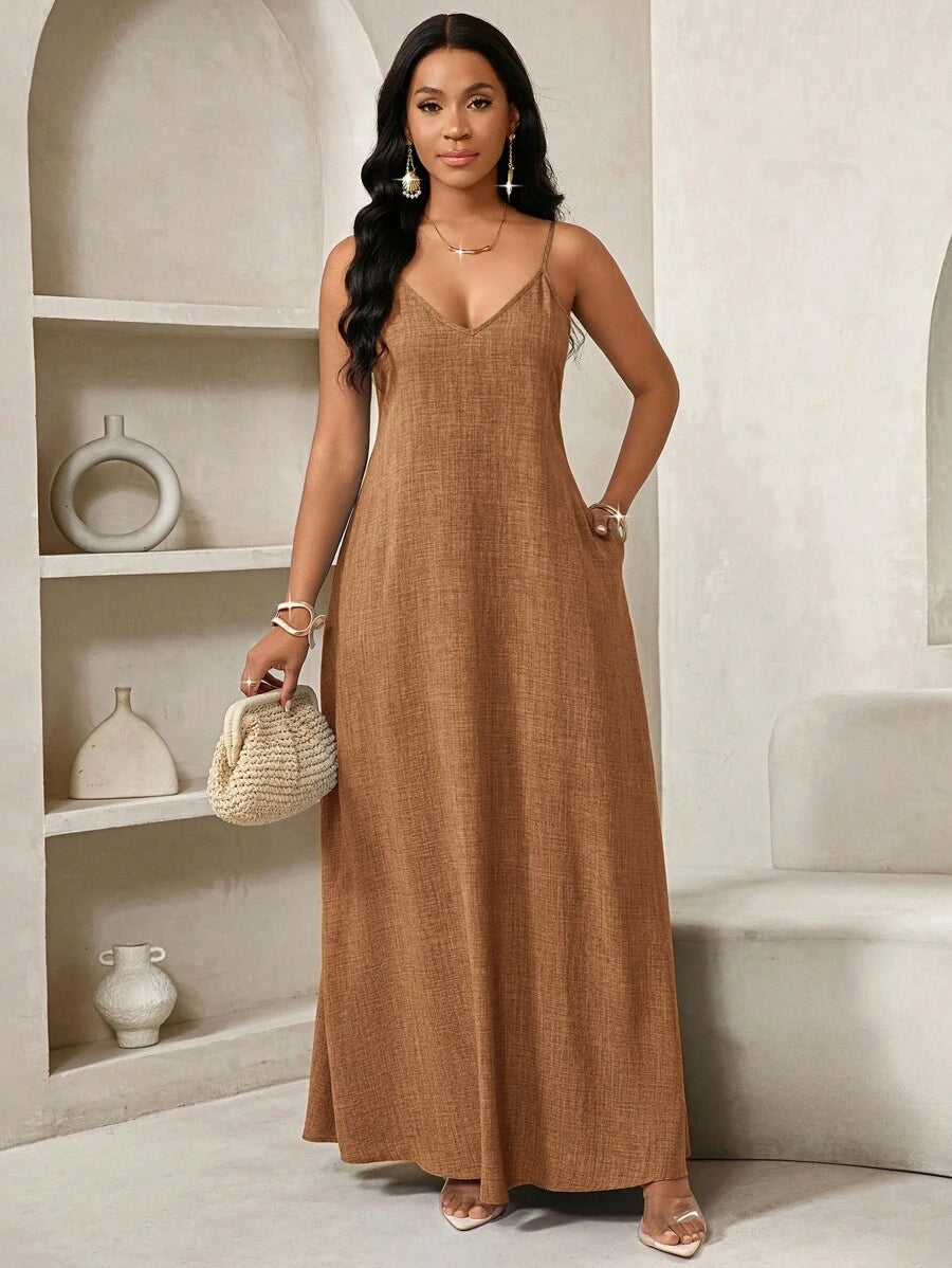 Vestido Maxi Boho de Alças com Costas Abertas e Bolsos