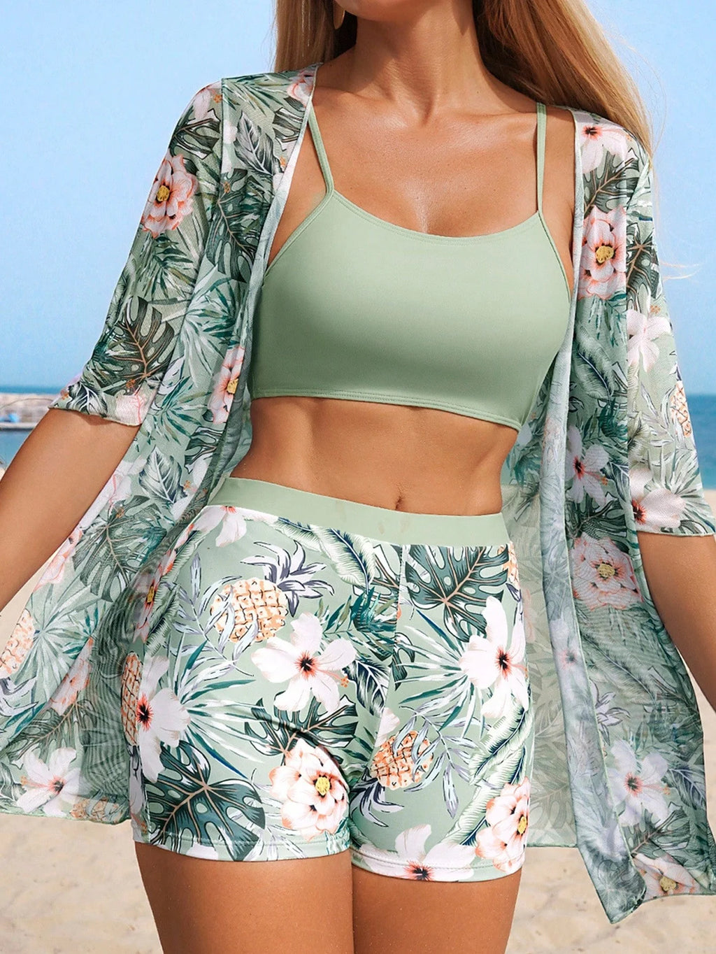 Conjunto de Biquíni 3 Peças Estampa Tropical