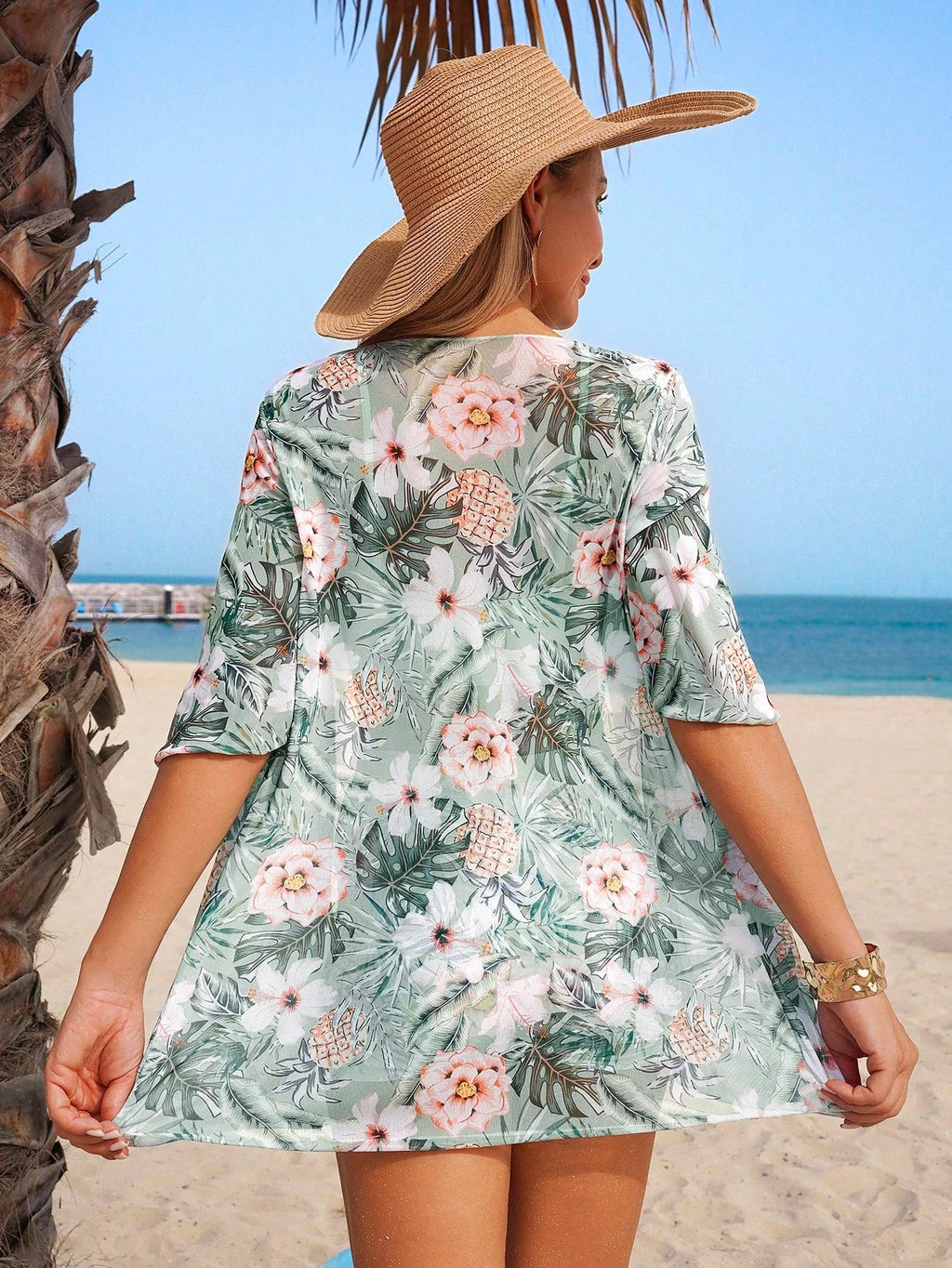 Conjunto de Biquíni 3 Peças Estampa Tropical