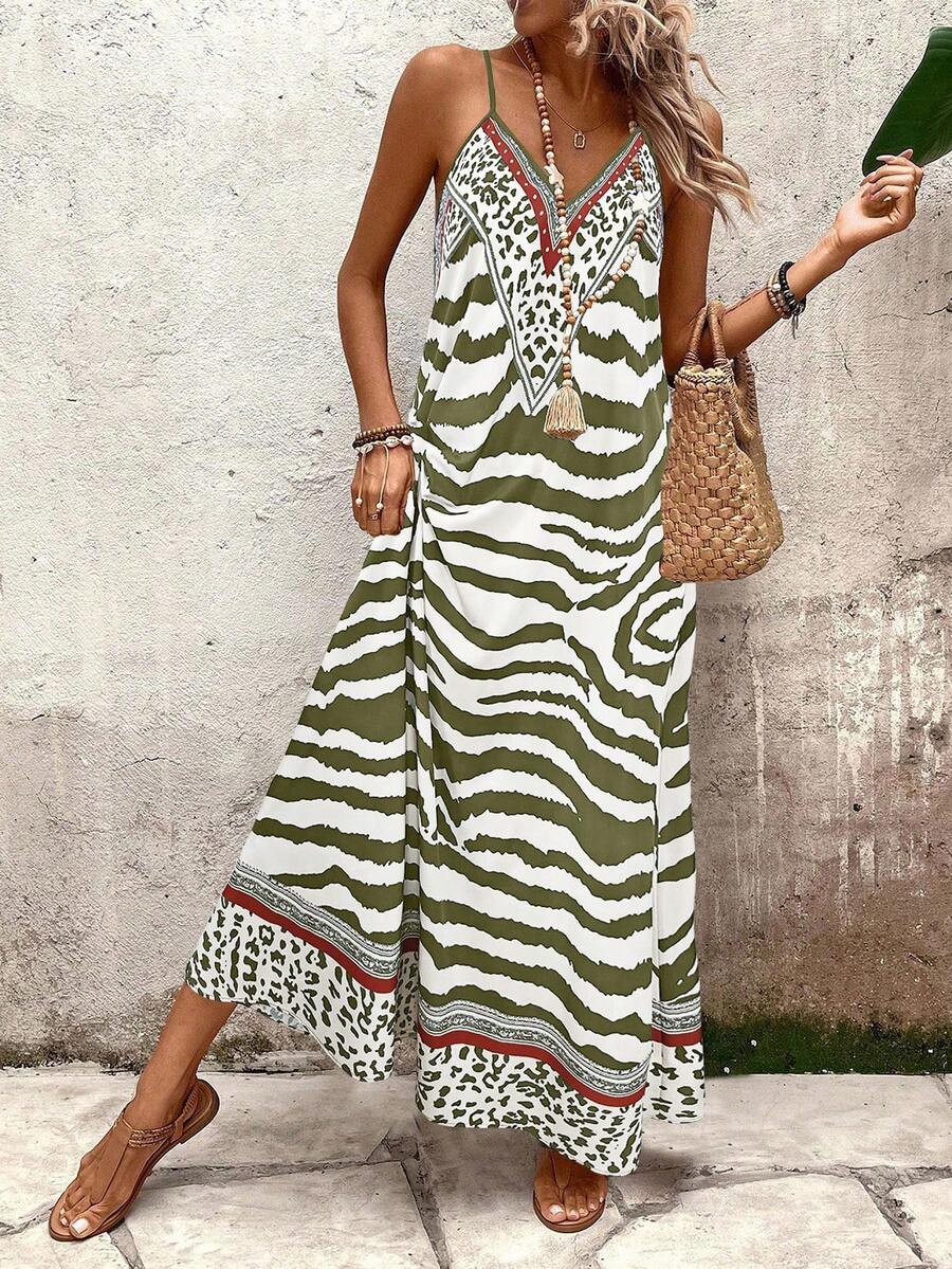 Vestido Longo Estampa de Onça com Alças Finas - La Lecce