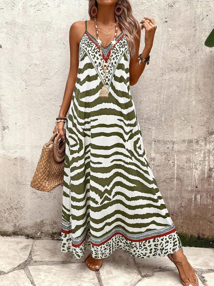 Vestido Longo Estampa de Onça com Alças Finas - La Lecce