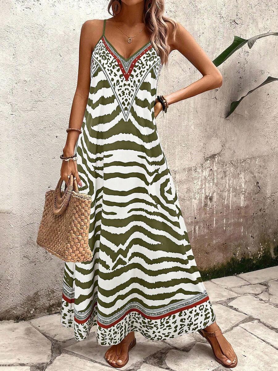 Vestido Longo Estampa de Onça com Alças Finas - La Lecce