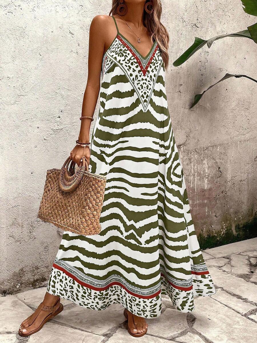 Vestido Longo Estampa de Onça com Alças Finas - La Lecce