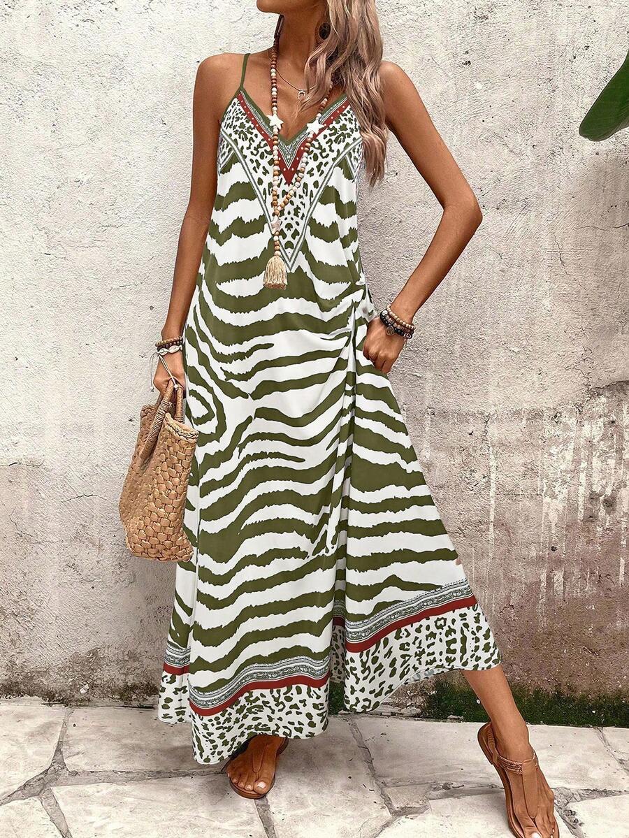 Vestido Longo Estampa de Onça com Alças Finas - La Lecce
