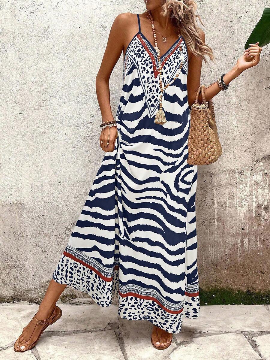 Vestido Longo Estampa de Onça com Alças Finas - La Lecce