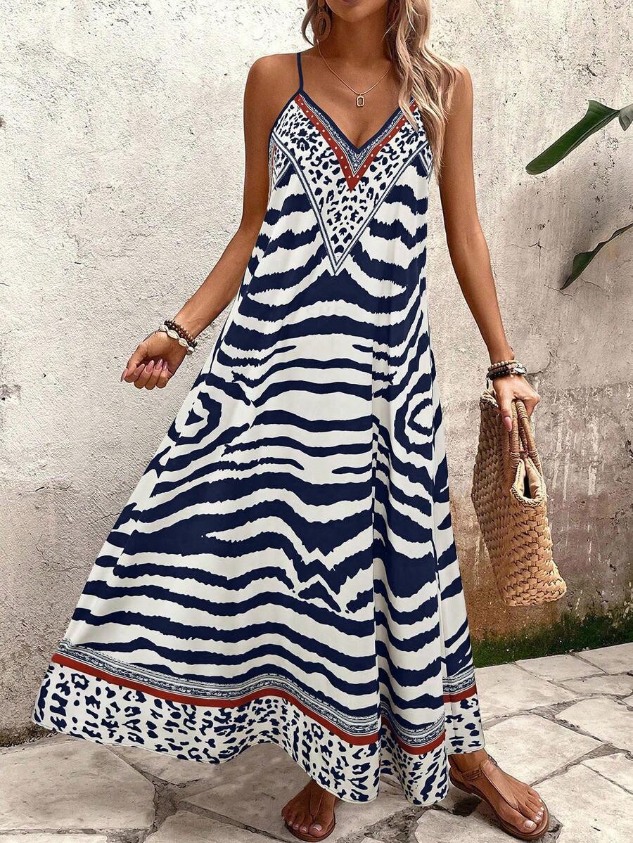 Vestido Longo Estampa de Onça com Alças Finas - La Lecce