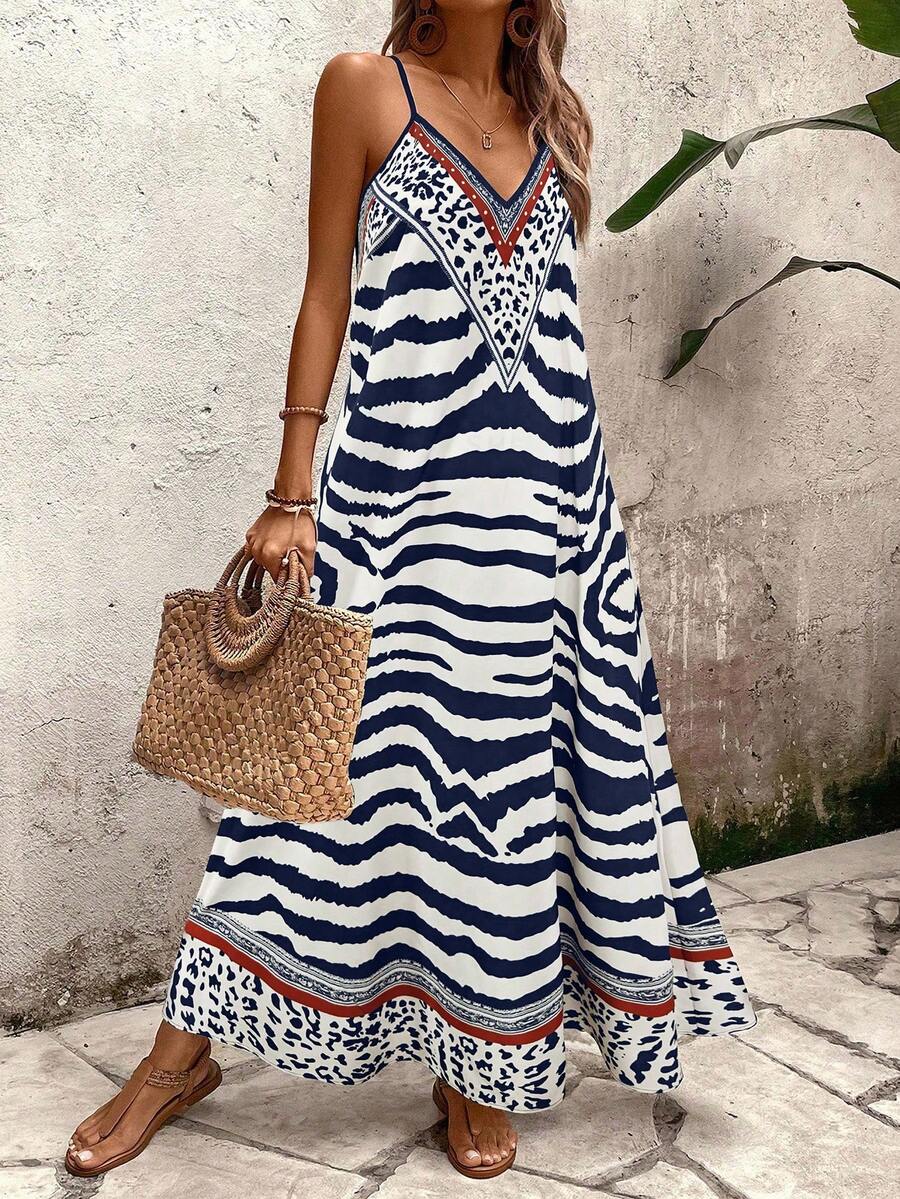 Vestido Longo Estampa de Onça com Alças Finas - La Lecce