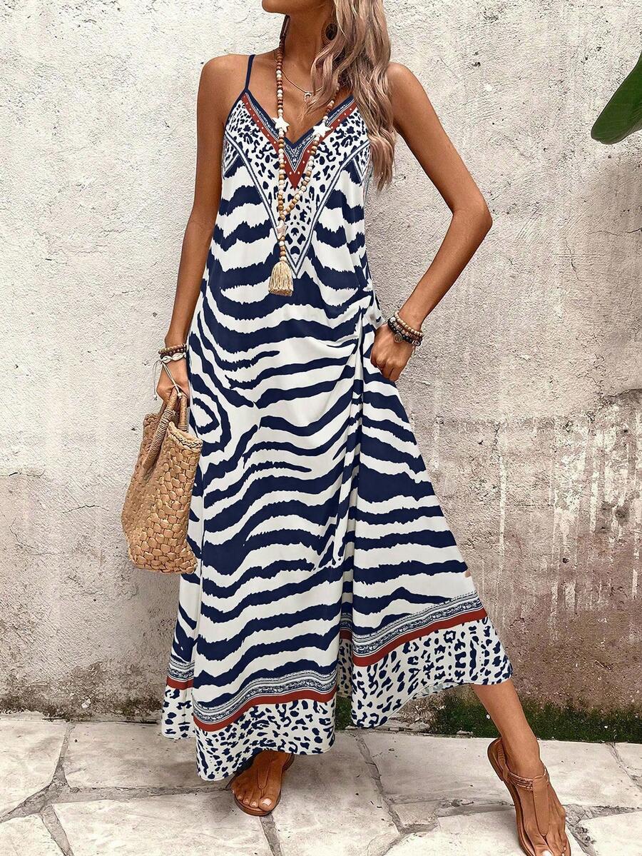 Vestido Longo Estampa de Onça com Alças Finas - La Lecce