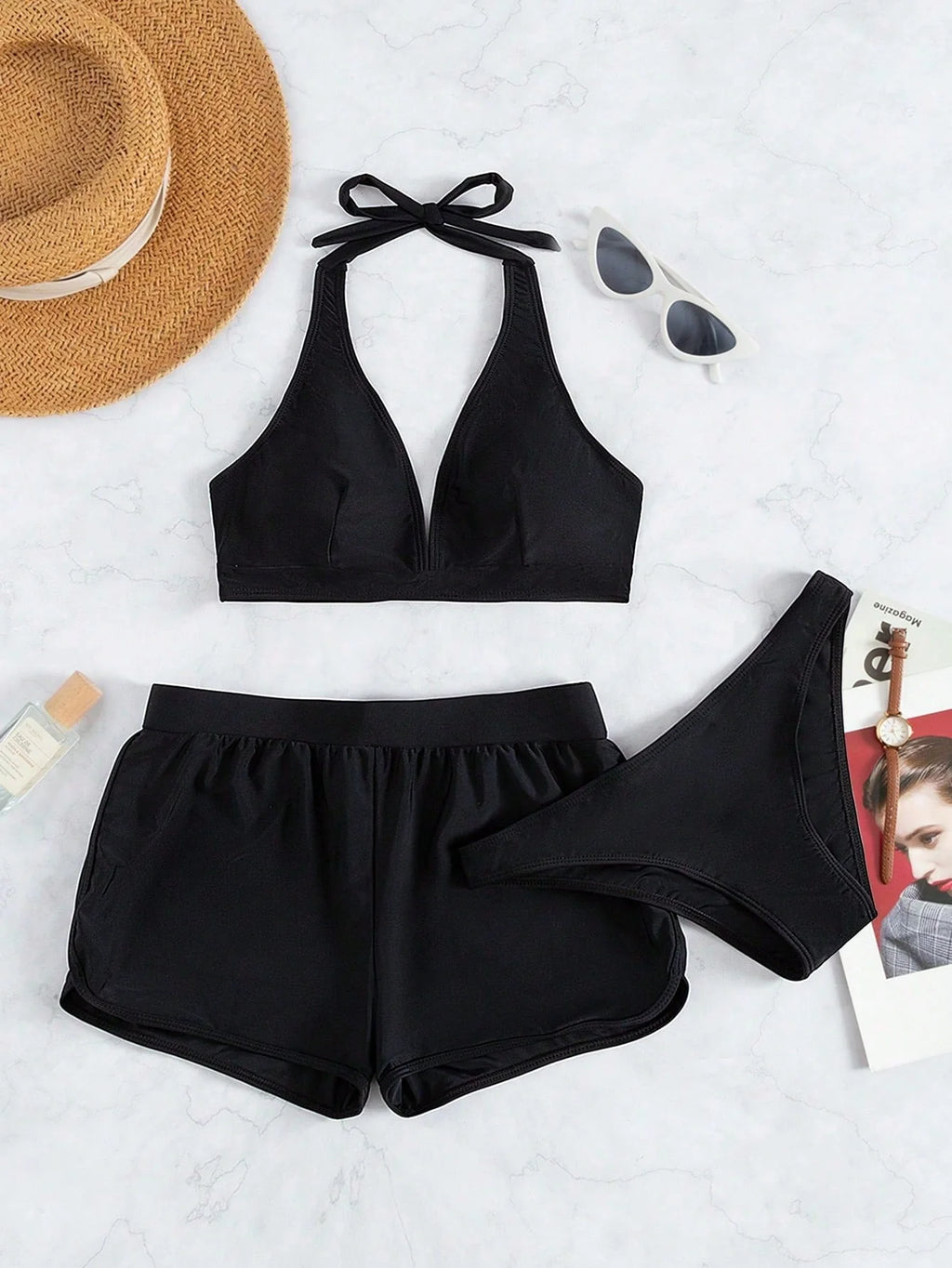 Conjunto de Biquíni Frente-Única com Tie Back e Caleçon 3 Peças