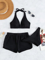 Conjunto de Biquíni Frente-Única com Tie Back e Caleçon 3 Peças