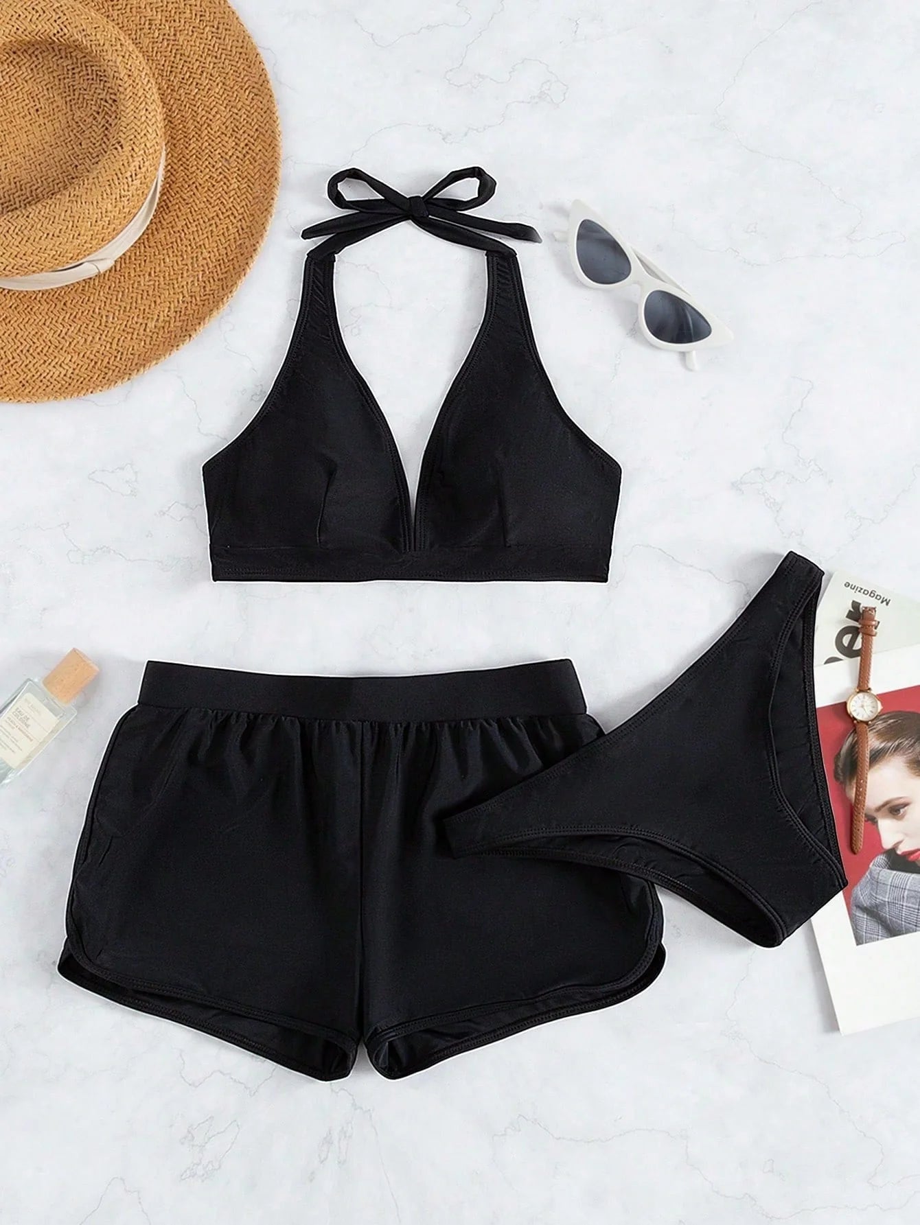Conjunto de Biquíni Frente-Única com Tie Back e Caleçon 3 Peças