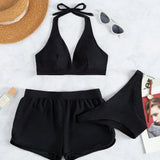 Conjunto de Biquíni Frente-Única com Tie Back e Caleçon 3 Peças