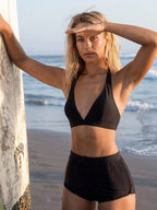 Conjunto de Biquíni Frente-Única com Tie Back e Caleçon 3 Peças