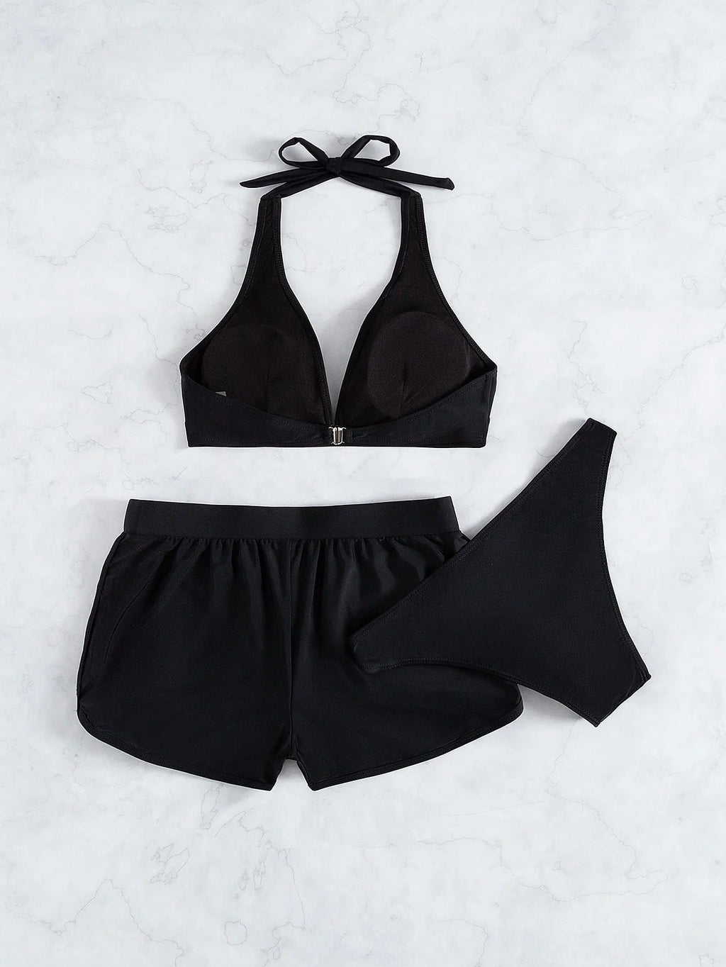 Conjunto de Biquíni Frente-Única com Tie Back e Caleçon 3 Peças