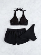 Conjunto de Biquíni Frente-Única com Tie Back e Caleçon 3 Peças