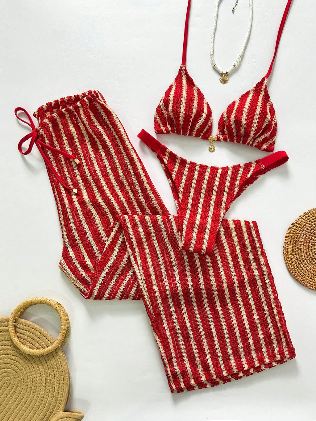 Conjunto de Biquíni Triangular com Top Longo 3 Peças