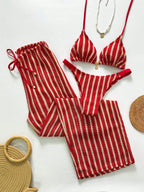 Conjunto de Biquíni Triangular com Top Longo 3 Peças