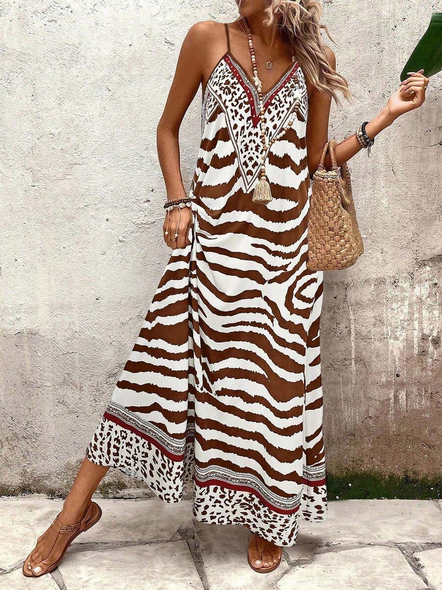 Vestido Longo Estampa de Onça com Alças Finas