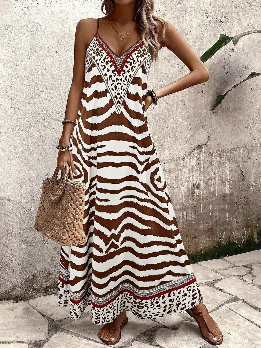 Vestido Longo Estampa de Onça com Alças Finas