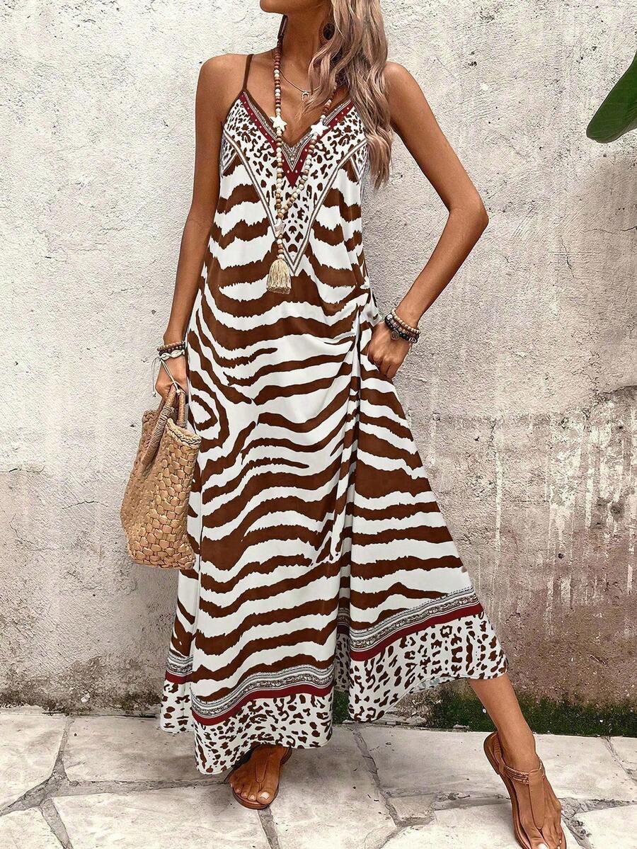Vestido Longo Estampa de Onça com Alças Finas