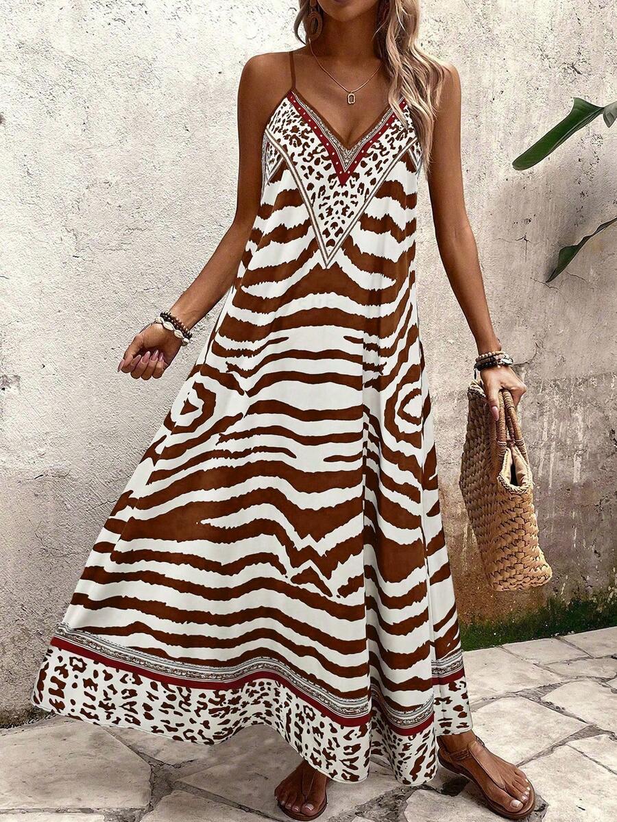 Vestido Longo Estampa de Onça com Alças Finas