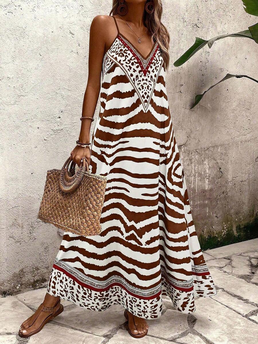 Vestido Longo Estampa de Onça com Alças Finas