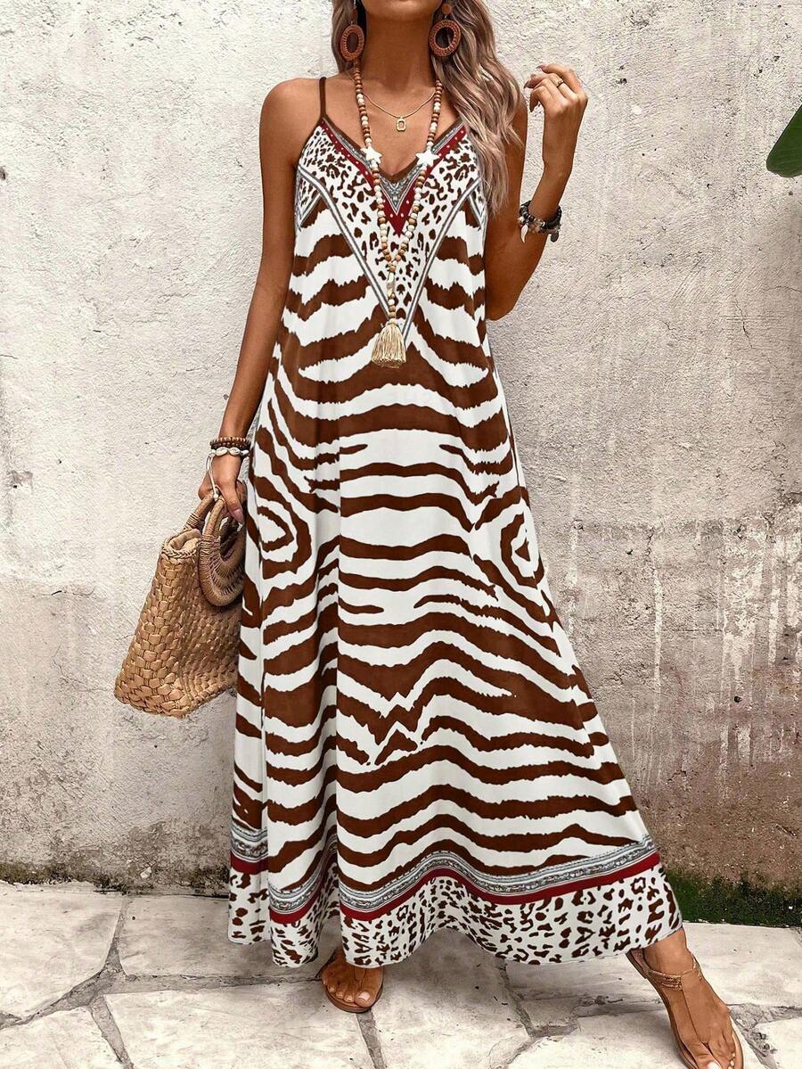 Vestido Longo Estampa de Onça com Alças Finas