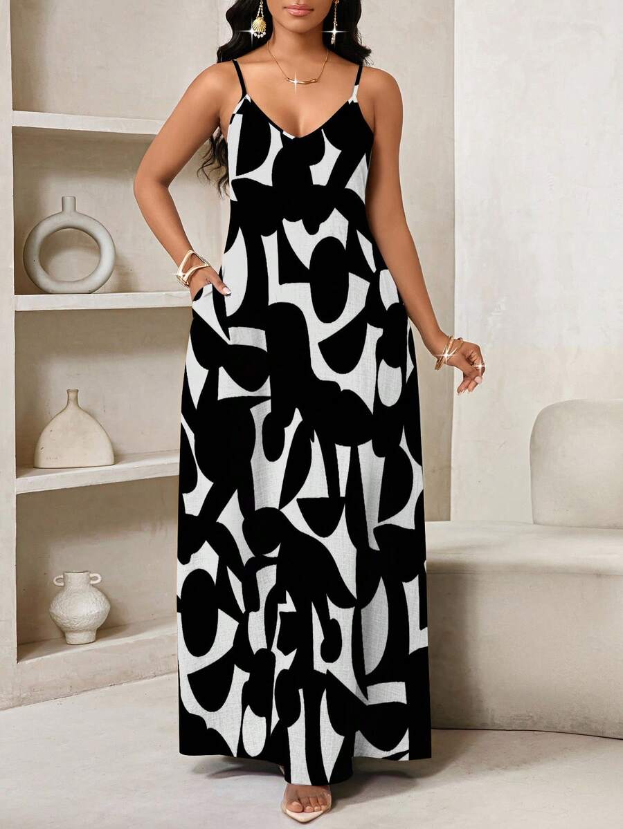 Vestido Maxi de Alças com Estampa Geométrica e Bolsos - La Lecce