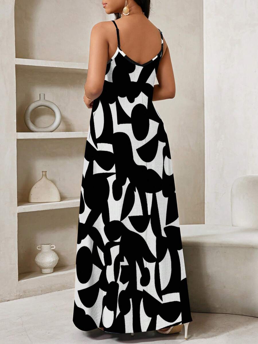 Vestido Maxi de Alças com Estampa Geométrica e Bolsos - La Lecce