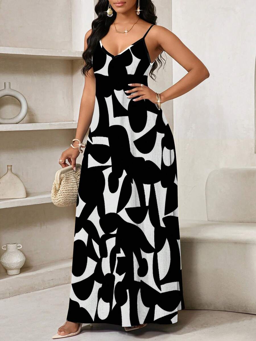 Vestido Maxi de Alças com Estampa Geométrica e Bolsos - La Lecce