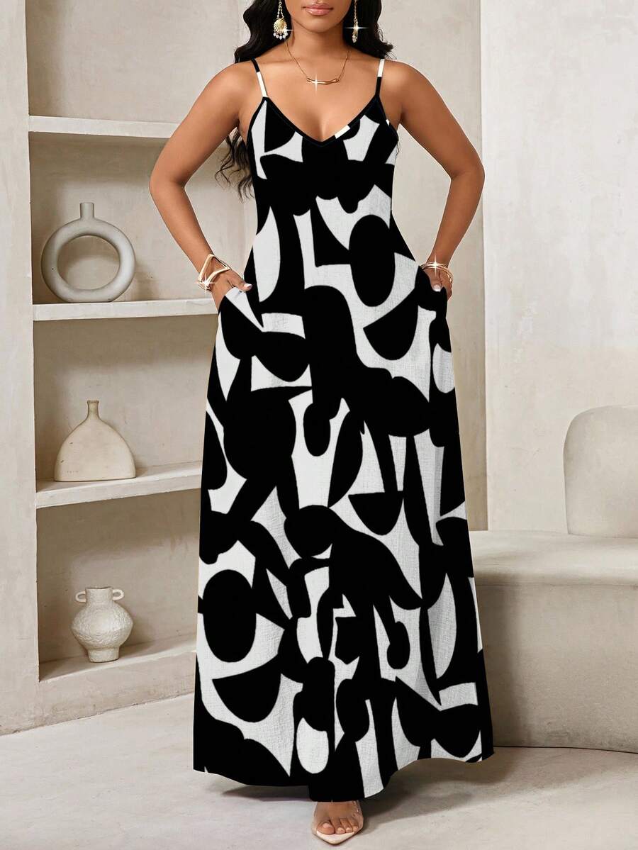 Vestido Maxi de Alças com Estampa Geométrica e Bolsos - La Lecce