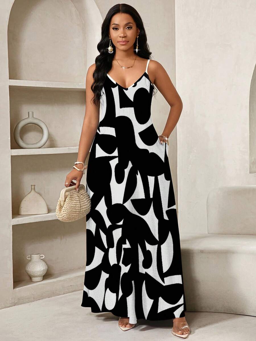 Vestido Maxi de Alças com Estampa Geométrica e Bolsos - La Lecce