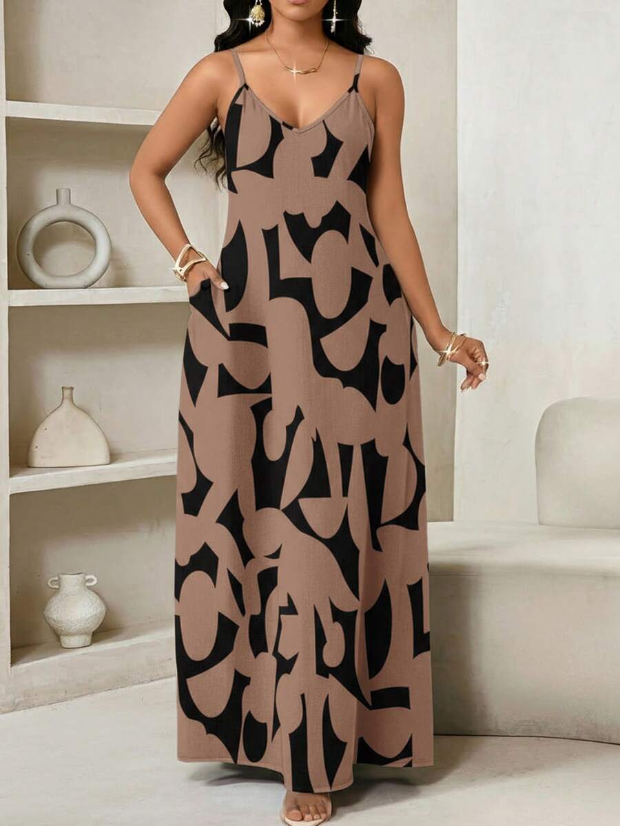 Vestido Maxi de Alças com Estampa Geométrica e Bolsos - La Lecce