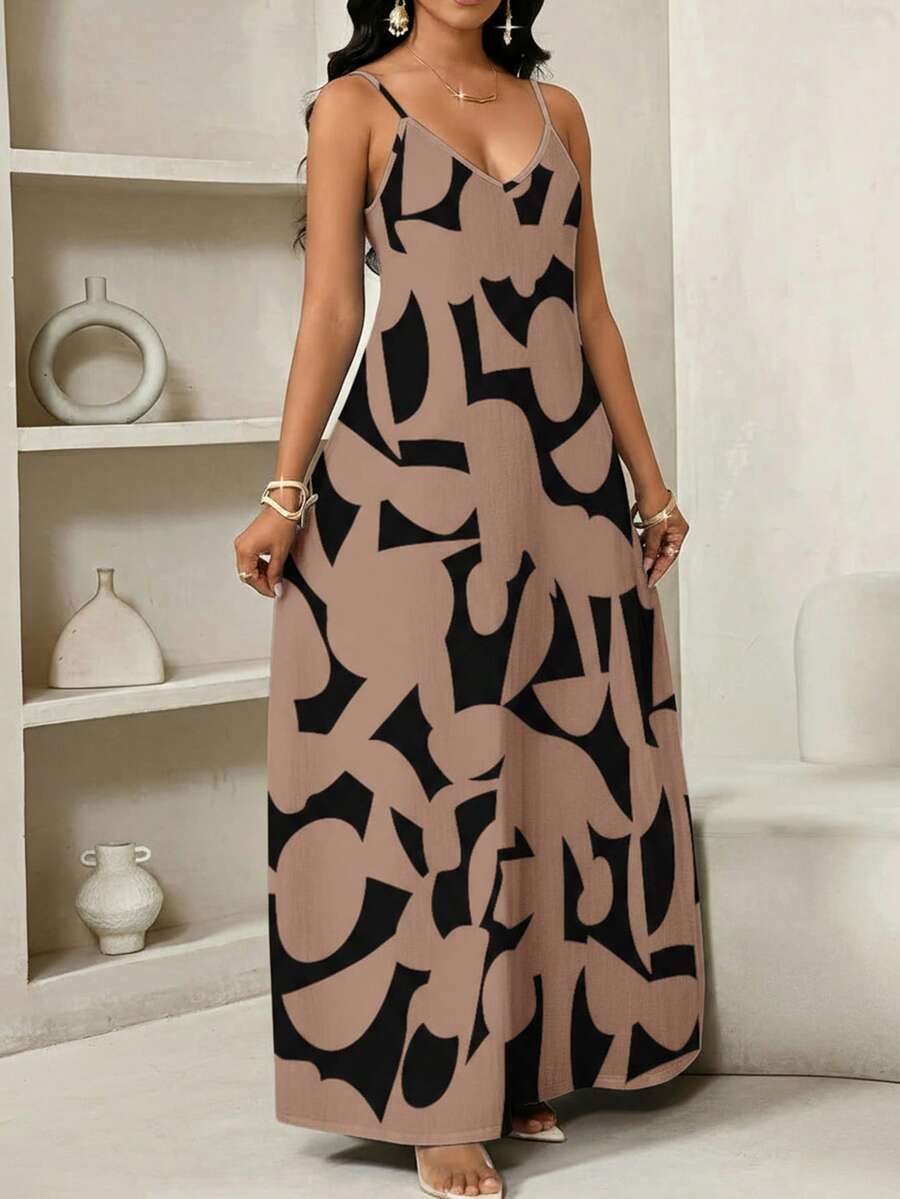 Vestido Maxi de Alças com Estampa Geométrica e Bolsos - La Lecce