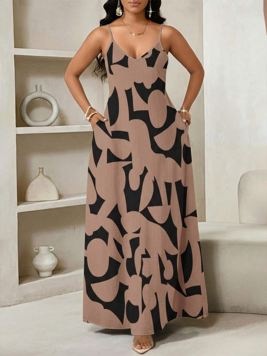 Vestido Maxi de Alças com Estampa Geométrica e Bolsos - La Lecce