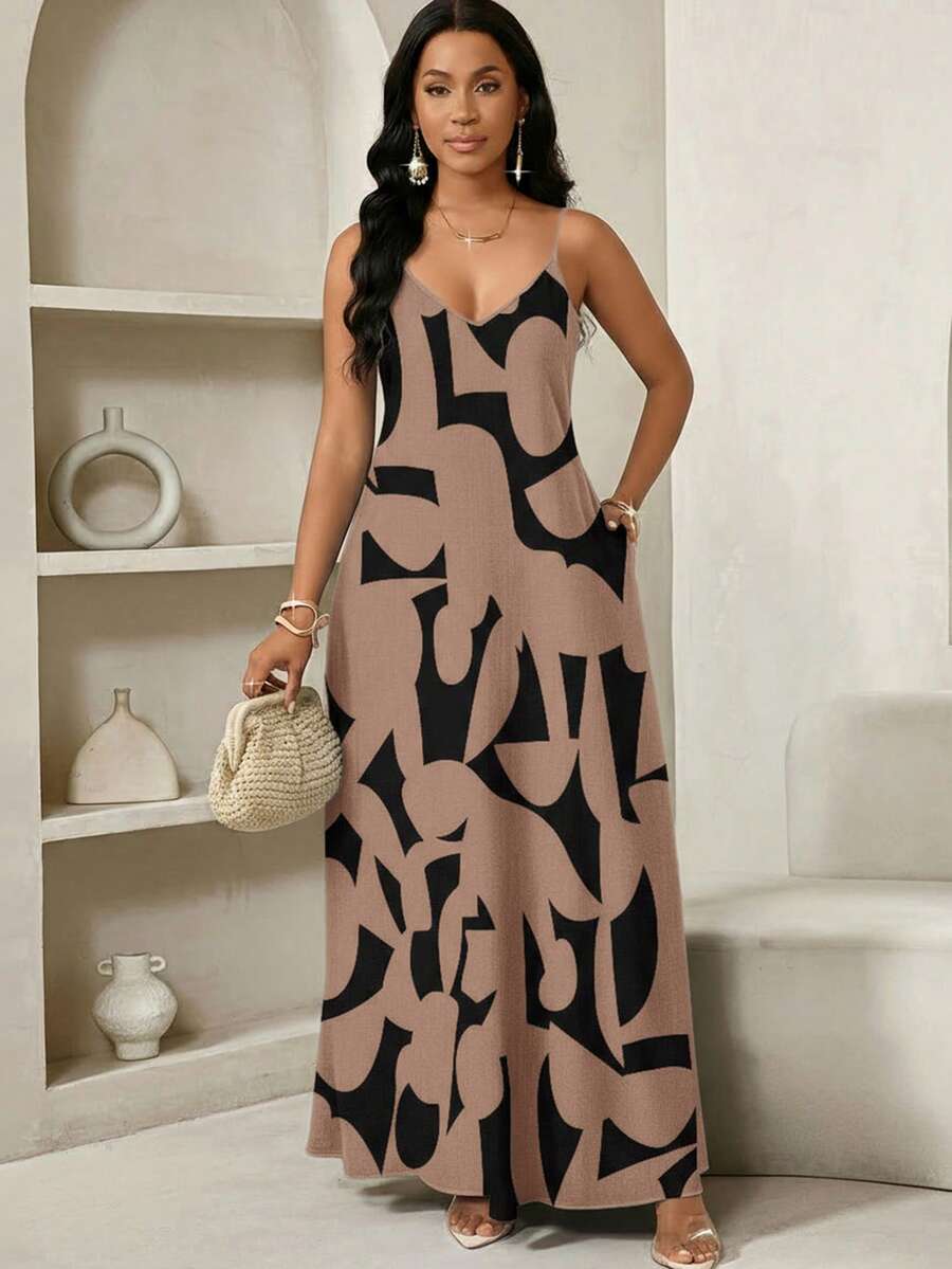 Vestido Maxi de Alças com Estampa Geométrica e Bolsos - La Lecce