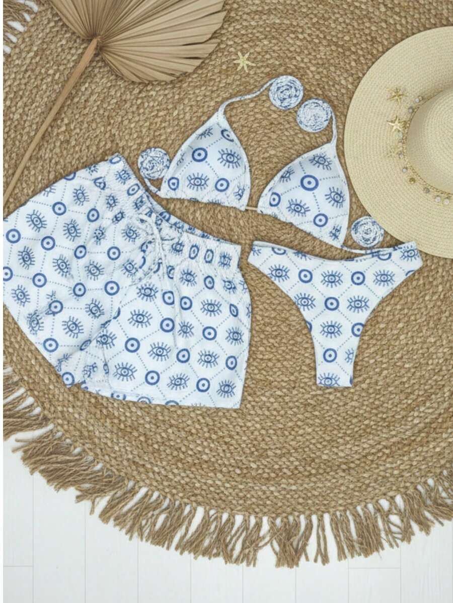 Conjunto de Biquíni 3 Peças com Estampa Tropical e Shorts