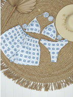 Conjunto de Biquíni 3 Peças com Estampa Tropical e Shorts