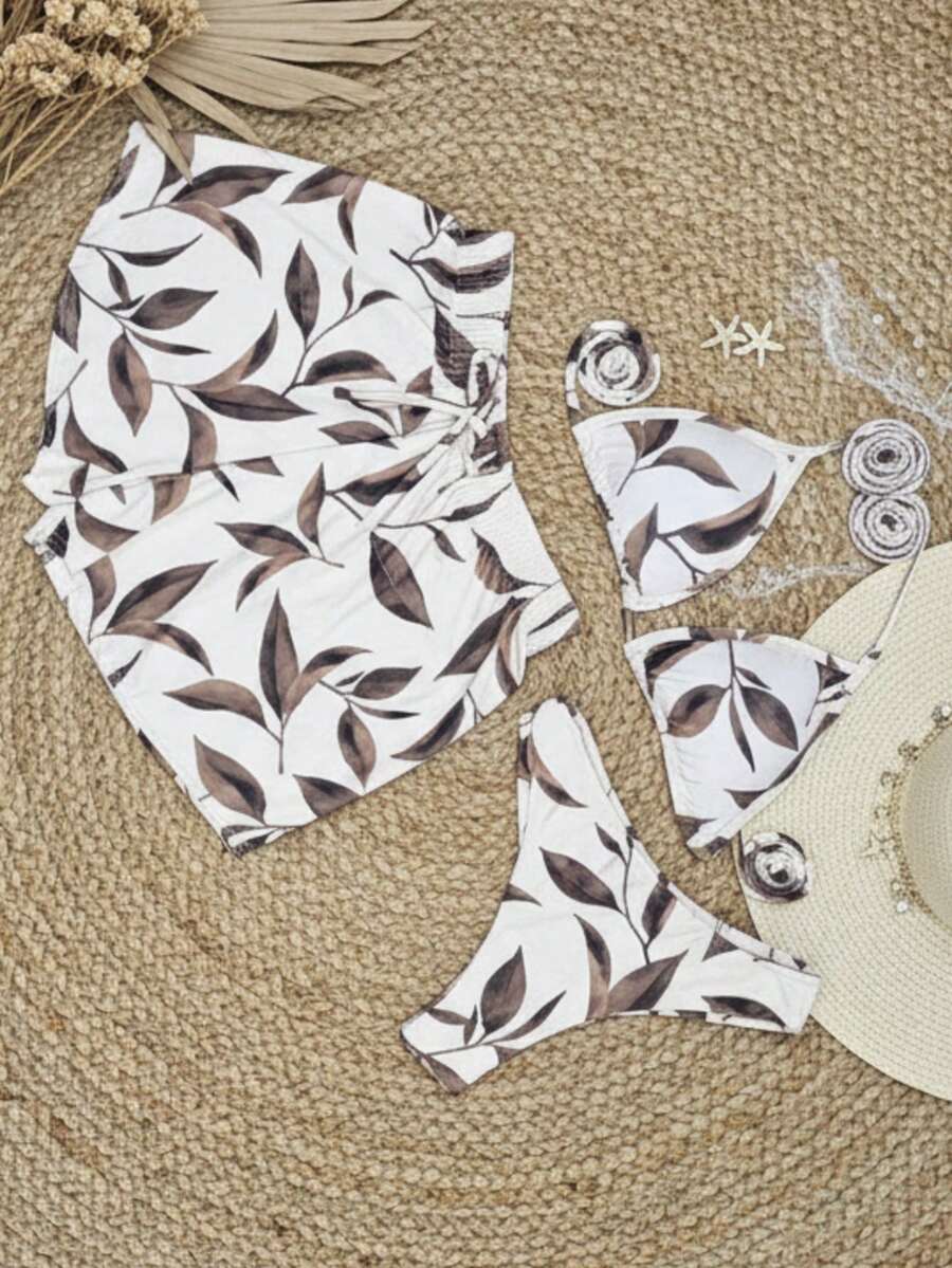 Conjunto de Biquíni 3 Peças com Estampa Tropical e Shorts