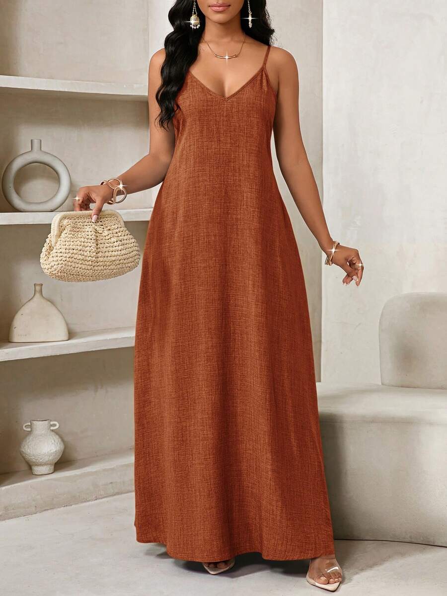 Vestido Maxi de Alças com Estampa Geométrica e Bolsos - La Lecce